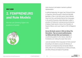 Latin America is the leader in women’s political
representation.
In political leadership, the region has Cristina Kirchner
in Argentina, Dilma Rousseff in Brazil and Michelle
Bachelet in Chile. In the NGO sector, there’s Relinda
Sosa from Peru and Sandra Ramos from Nicaragua.
In the world of business, María Mercedes Cuéllar is
president of Federación Latinoamericana de Bancos
(Felaban), Paula Santili is Senior Vice-President of
PepsiCo Mexico, and Luiza Trajano is CEO of Magazine
Luiza.
Across the board, women in SCA are doing it for
themselves. They can assume political power,
run NGOs and start their own businesses (and
crowdfunding platforms like Catarse, Idea.Me or
Fondeadora are making this easier than ever!).
Just one example of the rising power of SCA’s women?
According to the latest survey by the Ministry of
Economy on Entrepreneurship and Gender (March
2015), 38% of micro-entrepreneurs in Chile are female,
and 40% of those are heads of household.
Women are climbing higher into
positions of power.
2. FEMPRENEURS
and Role Models
WHY NOW
(F)EMPOWERMENT 14www.trendwatching.com/trends/fempowerment
 
