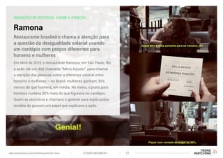INOVAÇÕES DE DESTAQUE: CHAME A ATENÇÃO
Ramona
Em Abril de 2015, o restaurante Ramona, em São Paulo, fez
a ação (de um dia) chamada “Menu Injusto”, para chamar
a atenção das pessoas sobre a diferença salarial entre
homens e mulheres – no Brasil, mulheres ganham 30%
menos do que homens, em média. No menu, o prato para
homens custava 30% mais do que figurava no cardápio.
Quem se aborrecia e chamava o gerente para explicações
recebia do garçom um papel que explicava a ação.
Restaurante brasileiro chama a atenção para
a questão da desigualdade salarial usando
um cardápio com preços diferentes para
homens e mulheres
(F)EMPOWERMENT 22www.trendwatching.com/trends/fempowerment-trans
 