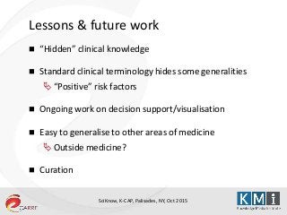 SciKnow, K-CAP, Palisades, NY, Oct 2015
Lessons & future work
 “Hidden” clinical knowledge
 Standard clinical terminology hides some generalities
 “Positive” risk factors
 Ongoing work on decision support/visualisation
 Easy to generalise to other areas of medicine
 Outside medicine?
 Curation
 