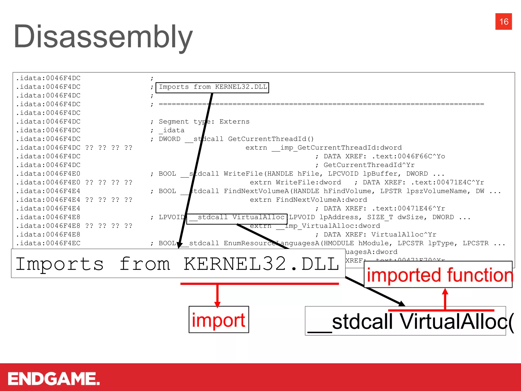 .idata:0046F4DC ;
.idata:0046F4DC ; Imports from KERNEL32.DLL
.idata:0046F4DC ;
.idata:0046F4DC ; ===========================================================================
.idata:0046F4DC
.idata:0046F4DC ; Segment type: Externs
.idata:0046F4DC ; _idata
.idata:0046F4DC ; DWORD __stdcall GetCurrentThreadId()
.idata:0046F4DC ?? ?? ?? ?? extrn __imp_GetCurrentThreadId:dword
.idata:0046F4DC ; DATA XREF: .text:0046F66C^Yo
.idata:0046F4DC ; GetCurrentThreadId^Yr
.idata:0046F4E0 ; BOOL __stdcall WriteFile(HANDLE hFile, LPCVOID lpBuffer, DWORD ...
.idata:0046F4E0 ?? ?? ?? ?? extrn WriteFile:dword ; DATA XREF: .text:00471E4C^Yr
.idata:0046F4E4 ; BOOL __stdcall FindNextVolumeA(HANDLE hFindVolume, LPSTR lpszVolumeName, DW ...
.idata:0046F4E4 ?? ?? ?? ?? extrn FindNextVolumeA:dword
.idata:0046F4E4 ; DATA XREF: .text:00471E46^Yr
.idata:0046F4E8 ; LPVOID __stdcall VirtualAlloc(LPVOID lpAddress, SIZE_T dwSize, DWORD ...
.idata:0046F4E8 ?? ?? ?? ?? extrn __imp_VirtualAlloc:dword
.idata:0046F4E8 ; DATA XREF: VirtualAlloc^Yr
.idata:0046F4EC ; BOOL __stdcall EnumResourceLanguagesA(HMODULE hModule, LPCSTR lpType, LPCSTR ...
.idata:0046F4EC ?? ?? ?? ?? extrn EnumResourceLanguagesA:dword
.idata:0046F4EC ; DATA XREF: .text:00471E70^Yr
Disassembly
16
Imports from KERNEL32.DLL
__stdcall VirtualAlloc(
 
