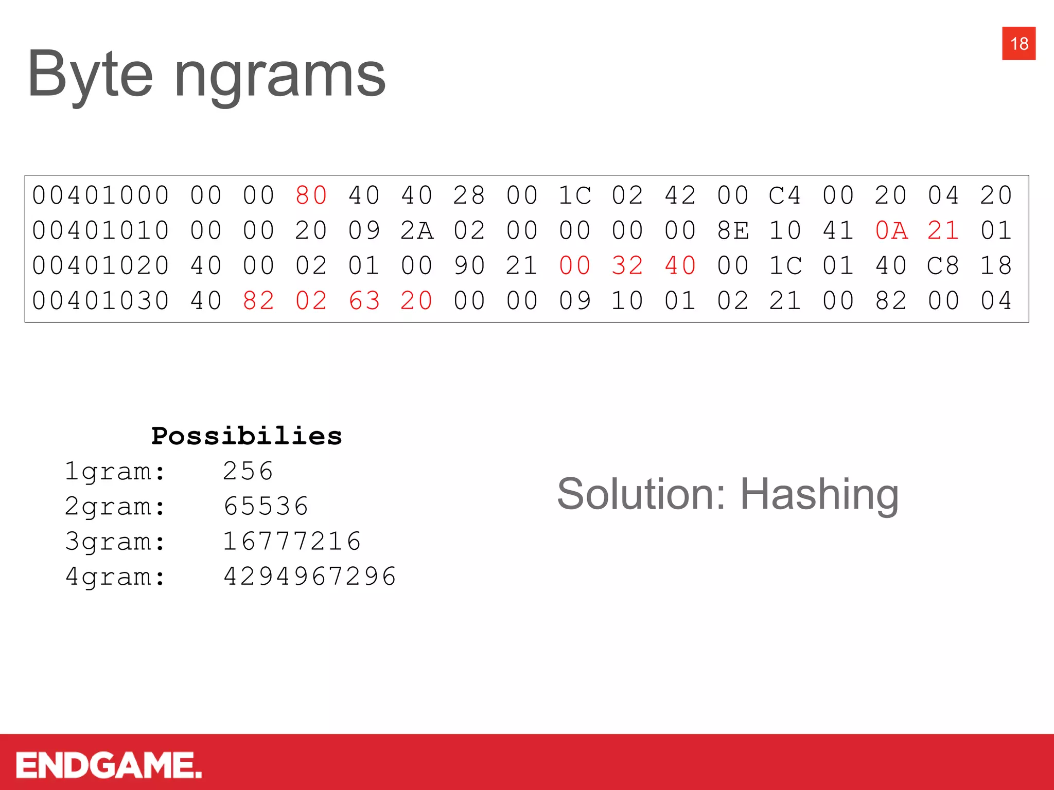Byte ngrams
18
00401000 00 00 80 40 40 28 00 1C 02 42 00 C4 00 20 04 20
00401010 00 00 20 09 2A 02 00 00 00 00 8E 10 41 0A 21 01
00401020 40 00 02 01 00 90 21 00 32 40 00 1C 01 40 C8 18
00401030 40 82 02 63 20 00 00 09 10 01 02 21 00 82 00 04
Possibilies
1gram: 256
2gram: 65536
3gram: 16777216
4gram: 4294967296
Solution: Hashing
 