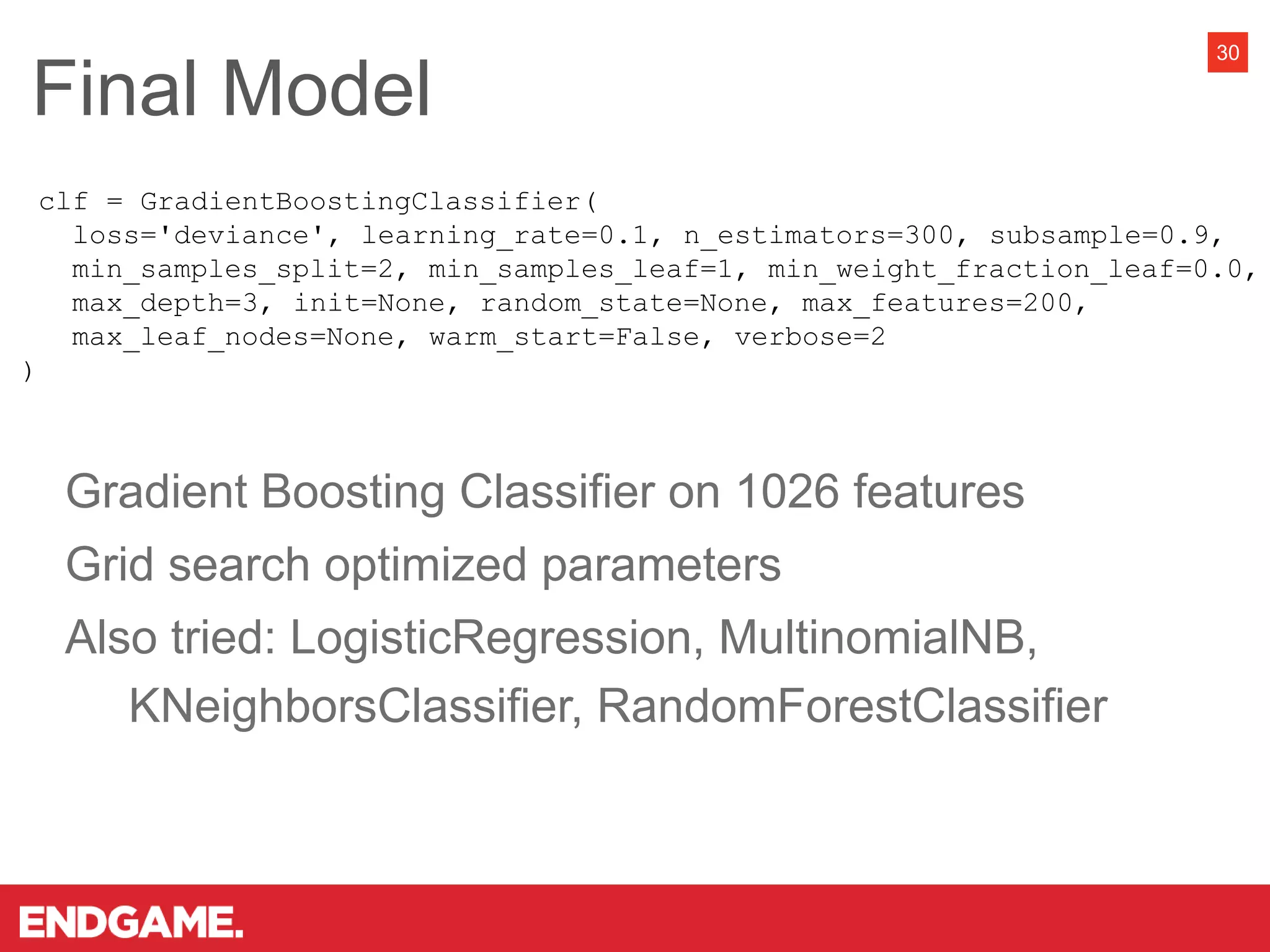 Gradient Boosting Classifier on 1026 features
Grid search optimized parameters
Also tried: LogisticRegression, MultinomialNB,
KNeighborsClassifier, RandomForestClassifier
Final Model
30
clf = GradientBoostingClassifier(
loss='deviance', learning_rate=0.1, n_estimators=300, subsample=0.9,
min_samples_split=2, min_samples_leaf=1, min_weight_fraction_leaf=0.0,
max_depth=3, init=None, random_state=None, max_features=200,
max_leaf_nodes=None, warm_start=False, verbose=2
)
 
