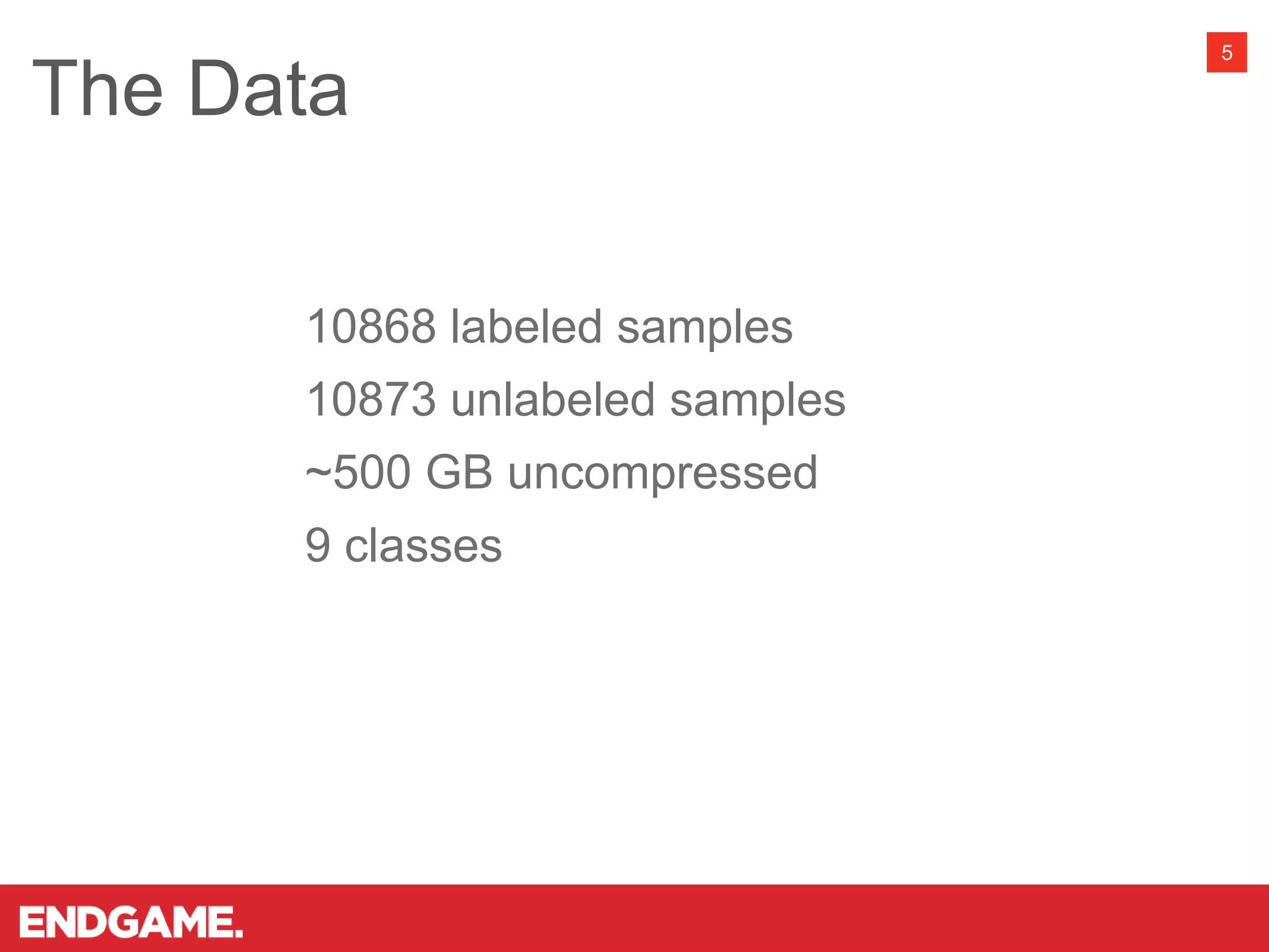 The Data
5
10868 labeled samples
10873 unlabeled samples
~500 GB uncompressed
9 classes
 
