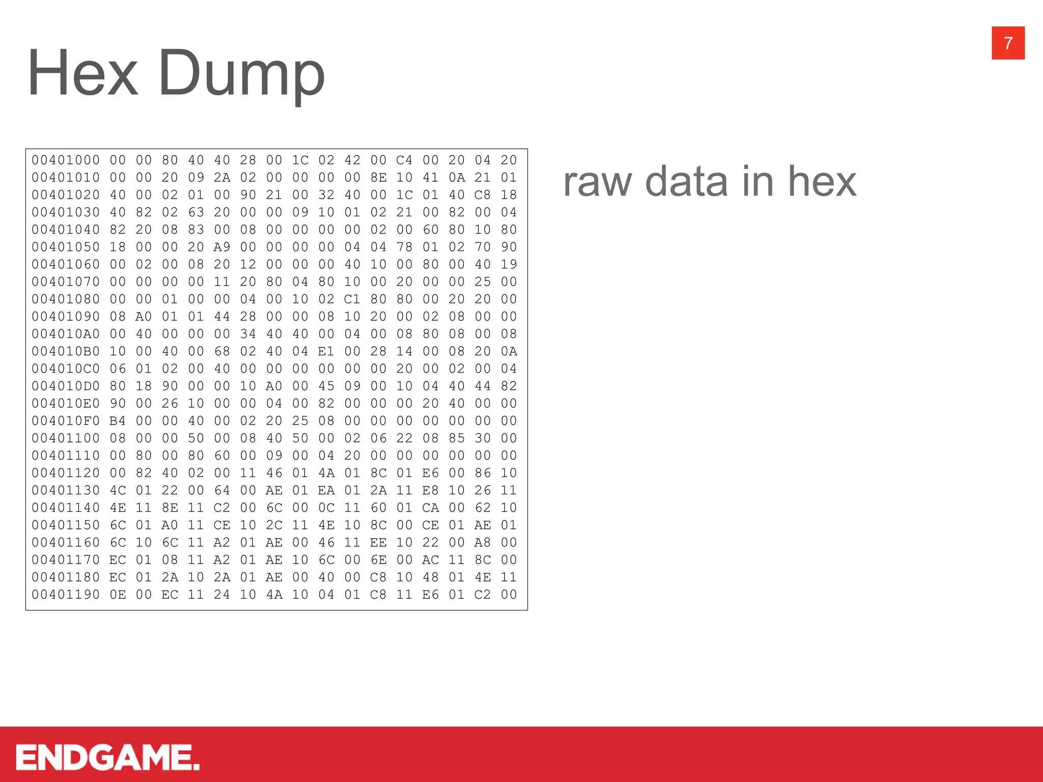Hex Dump
7
00401000 00 00 80 40 40 28 00 1C 02 42 00 C4 00 20 04 20
00401010 00 00 20 09 2A 02 00 00 00 00 8E 10 41 0A 21 01
00401020 40 00 02 01 00 90 21 00 32 40 00 1C 01 40 C8 18
00401030 40 82 02 63 20 00 00 09 10 01 02 21 00 82 00 04
00401040 82 20 08 83 00 08 00 00 00 00 02 00 60 80 10 80
00401050 18 00 00 20 A9 00 00 00 00 04 04 78 01 02 70 90
00401060 00 02 00 08 20 12 00 00 00 40 10 00 80 00 40 19
00401070 00 00 00 00 11 20 80 04 80 10 00 20 00 00 25 00
00401080 00 00 01 00 00 04 00 10 02 C1 80 80 00 20 20 00
00401090 08 A0 01 01 44 28 00 00 08 10 20 00 02 08 00 00
004010A0 00 40 00 00 00 34 40 40 00 04 00 08 80 08 00 08
004010B0 10 00 40 00 68 02 40 04 E1 00 28 14 00 08 20 0A
004010C0 06 01 02 00 40 00 00 00 00 00 00 20 00 02 00 04
004010D0 80 18 90 00 00 10 A0 00 45 09 00 10 04 40 44 82
004010E0 90 00 26 10 00 00 04 00 82 00 00 00 20 40 00 00
004010F0 B4 00 00 40 00 02 20 25 08 00 00 00 00 00 00 00
00401100 08 00 00 50 00 08 40 50 00 02 06 22 08 85 30 00
00401110 00 80 00 80 60 00 09 00 04 20 00 00 00 00 00 00
00401120 00 82 40 02 00 11 46 01 4A 01 8C 01 E6 00 86 10
00401130 4C 01 22 00 64 00 AE 01 EA 01 2A 11 E8 10 26 11
00401140 4E 11 8E 11 C2 00 6C 00 0C 11 60 01 CA 00 62 10
00401150 6C 01 A0 11 CE 10 2C 11 4E 10 8C 00 CE 01 AE 01
00401160 6C 10 6C 11 A2 01 AE 00 46 11 EE 10 22 00 A8 00
00401170 EC 01 08 11 A2 01 AE 10 6C 00 6E 00 AC 11 8C 00
00401180 EC 01 2A 10 2A 01 AE 00 40 00 C8 10 48 01 4E 11
00401190 0E 00 EC 11 24 10 4A 10 04 01 C8 11 E6 01 C2 00
raw data in hex
 