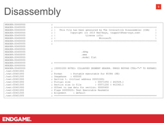 Disassembly
9
HEADER:00400000 ;
HEADER:00400000 ; +-------------------------------------------------------------------------+
HEADER:00400000 ; | This file has been generated by The Interactive Disassembler (IDA) |
HEADER:00400000 ; | Copyright (c) 2013 Hex-Rays, <support@hex-rays.com> |
HEADER:00400000 ; | License info: |
HEADER:00400000 ; | Microsoft |
HEADER:00400000 ; +-------------------------------------------------------------------------+
HEADER:00400000 ;
HEADER:00400000
HEADER:00400000
HEADER:00400000 .686p
HEADER:00400000 .mmx
HEADER:00400000 .model flat
HEADER:00400000
HEADER:00400000 ; ===========================================================================
HEADER:00400000
HEADER:00400000 ; [00001000 BYTES: COLLAPSED SEGMENT HEADER. PRESS KEYPAD CTRL-"+" TO EXPAND]
.text:00401000 ;
.text:00401000 ; Format : Portable executable for 80386 (PE)
.text:00401000 ; Imagebase : 400000
.text:00401000 ; Section 1. (virtual address 00001000)
.text:00401000 ; Virtual size : 00071050 ( 462928.)
.text:00401000 ; Section size in file : 00071200 ( 463360.)
.text:00401000 ; Offset to raw data for section: 00000400
.text:00401000 ; Flags 60000020: Text Executable Readable
.text:00401000 ; Alignment : default
.text:00401000 ; ===========================================================================
 