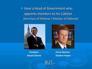  have a Head of Government whohave a Head of Government who
appoints members to his Cabinetappoints members to his Cabinet
(Secretary of Defense / Minister of Defense)(Secretary of Defense / Minister of Defense)
President Prime Minister
Barack Obama Stephen Harper
BUTBUT……
 