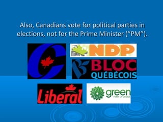 Also, Canadians vote for political parties inAlso, Canadians vote for political parties in
elections, not for the Prime Minister (“PM”).elections, not for the Prime Minister (“PM”).
 