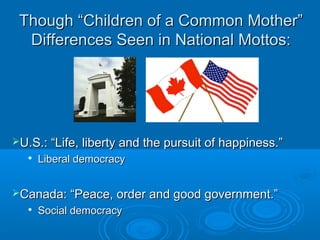 Though “Children of a Common Mother”Though “Children of a Common Mother”
Differences Seen in National Mottos:Differences Seen in National Mottos:
U.S.: “Life, liberty and the pursuit of happiness.”U.S.: “Life, liberty and the pursuit of happiness.”

Liberal democracyLiberal democracy
Canada: “Peace, order and good government.”Canada: “Peace, order and good government.”

Social democracySocial democracy
 