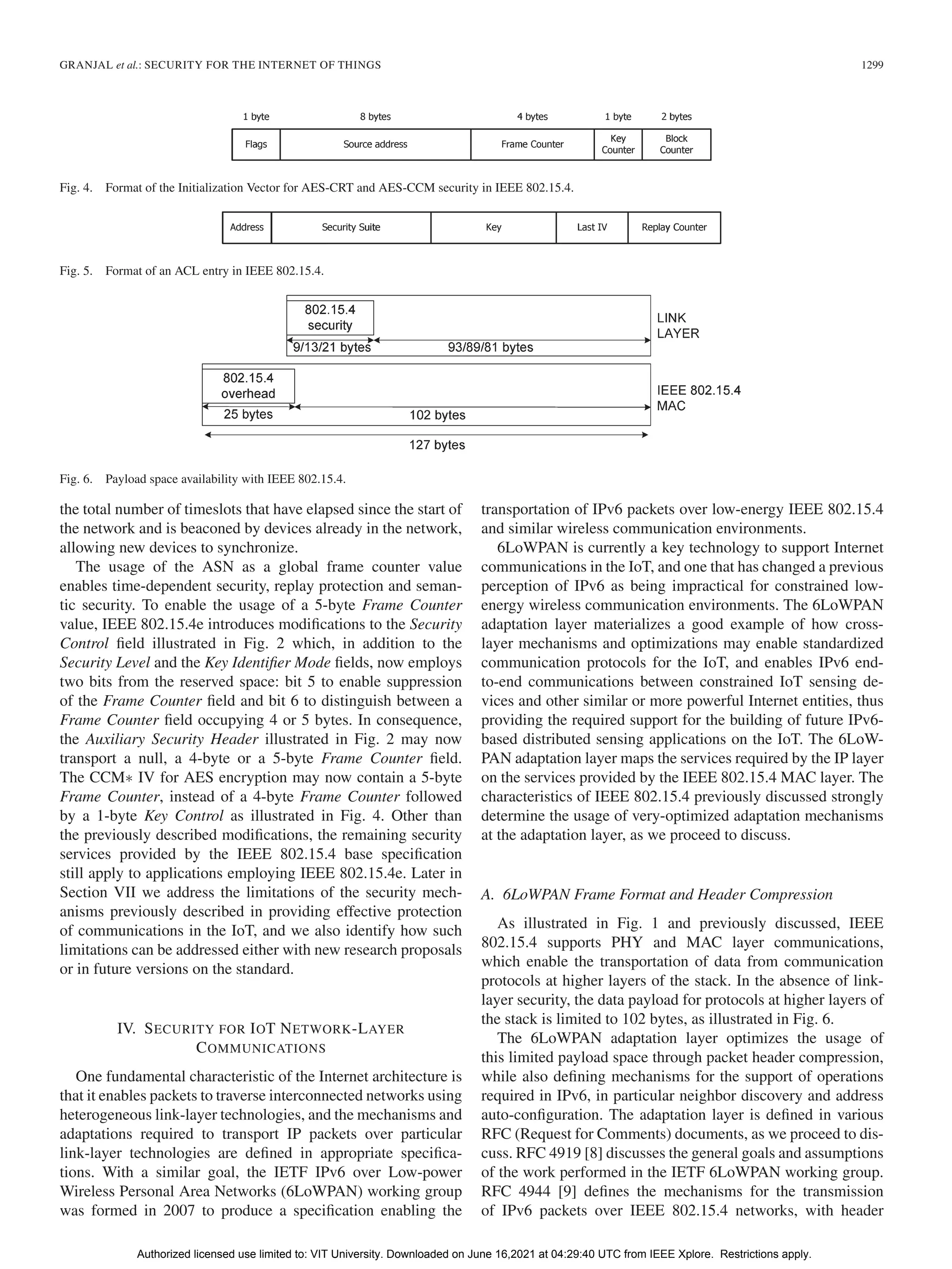 GRANJAL et al.: SECURITY FOR THE INTERNET OF THINGS 1299
Fig. 4. Format of the Initialization Vector for AES-CRT and AES-CCM security in IEEE 802.15.4.
Fig. 5. Format of an ACL entry in IEEE 802.15.4.
Fig. 6. Payload space availability with IEEE 802.15.4.
the total number of timeslots that have elapsed since the start of
the network and is beaconed by devices already in the network,
allowing new devices to synchronize.
The usage of the ASN as a global frame counter value
enables time-dependent security, replay protection and seman-
tic security. To enable the usage of a 5-byte Frame Counter
value, IEEE 802.15.4e introduces modifications to the Security
Control field illustrated in Fig. 2 which, in addition to the
Security Level and the Key Identifier Mode fields, now employs
two bits from the reserved space: bit 5 to enable suppression
of the Frame Counter field and bit 6 to distinguish between a
Frame Counter field occupying 4 or 5 bytes. In consequence,
the Auxiliary Security Header illustrated in Fig. 2 may now
transport a null, a 4-byte or a 5-byte Frame Counter field.
The CCM∗ IV for AES encryption may now contain a 5-byte
Frame Counter, instead of a 4-byte Frame Counter followed
by a 1-byte Key Control as illustrated in Fig. 4. Other than
the previously described modifications, the remaining security
services provided by the IEEE 802.15.4 base specification
still apply to applications employing IEEE 802.15.4e. Later in
Section VII we address the limitations of the security mech-
anisms previously described in providing effective protection
of communications in the IoT, and we also identify how such
limitations can be addressed either with new research proposals
or in future versions on the standard.
IV. SECURITY FOR IOT NETWORK-LAYER
COMMUNICATIONS
One fundamental characteristic of the Internet architecture is
that it enables packets to traverse interconnected networks using
heterogeneous link-layer technologies, and the mechanisms and
adaptations required to transport IP packets over particular
link-layer technologies are defined in appropriate specifica-
tions. With a similar goal, the IETF IPv6 over Low-power
Wireless Personal Area Networks (6LoWPAN) working group
was formed in 2007 to produce a specification enabling the
transportation of IPv6 packets over low-energy IEEE 802.15.4
and similar wireless communication environments.
6LoWPAN is currently a key technology to support Internet
communications in the IoT, and one that has changed a previous
perception of IPv6 as being impractical for constrained low-
energy wireless communication environments. The 6LoWPAN
adaptation layer materializes a good example of how cross-
layer mechanisms and optimizations may enable standardized
communication protocols for the IoT, and enables IPv6 end-
to-end communications between constrained IoT sensing de-
vices and other similar or more powerful Internet entities, thus
providing the required support for the building of future IPv6-
based distributed sensing applications on the IoT. The 6LoW-
PAN adaptation layer maps the services required by the IP layer
on the services provided by the IEEE 802.15.4 MAC layer. The
characteristics of IEEE 802.15.4 previously discussed strongly
determine the usage of very-optimized adaptation mechanisms
at the adaptation layer, as we proceed to discuss.
A. 6LoWPAN Frame Format and Header Compression
As illustrated in Fig. 1 and previously discussed, IEEE
802.15.4 supports PHY and MAC layer communications,
which enable the transportation of data from communication
protocols at higher layers of the stack. In the absence of link-
layer security, the data payload for protocols at higher layers of
the stack is limited to 102 bytes, as illustrated in Fig. 6.
The 6LoWPAN adaptation layer optimizes the usage of
this limited payload space through packet header compression,
while also defining mechanisms for the support of operations
required in IPv6, in particular neighbor discovery and address
auto-configuration. The adaptation layer is defined in various
RFC (Request for Comments) documents, as we proceed to dis-
cuss. RFC 4919 [8] discusses the general goals and assumptions
of the work performed in the IETF 6LoWPAN working group.
RFC 4944 [9] defines the mechanisms for the transmission
of IPv6 packets over IEEE 802.15.4 networks, with header
Authorized licensed use limited to: VIT University. Downloaded on June 16,2021 at 04:29:40 UTC from IEEE Xplore. Restrictions apply.
 