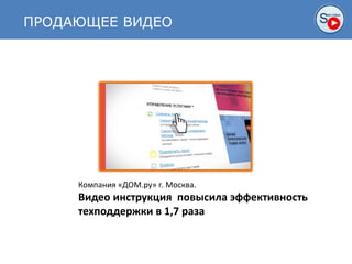 ПРОДАЮЩЕЕ ВИДЕО
Компания «ДОМ.ру» г. Москва.
Видео инструкция повысила эффективность
техподдержки в 1,7 раза
 