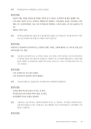 103활동노년 예술 워크숍 및 대화모임 기획・ 운영 결과보고
모모 애기를 들어보니까 괜찮겠다는 공감이 오셨네요
참가자 반응
- 만남의 기쁨. 사람을 만났을 때 인생을 기쁘게 살 수 있다는 것 반대가 될 때는 불행한 거죠
- 나이 80이 넘어서 모르는 여자하고 대화하니까 연애하는 기분이었다. 즐거운 시간이라고 생각
했다. (주: 나중에 밝혀진 사실. 사실 부부였는데 연애하는 느낌이 났다는 게 서로 놀랐다는 맥
락)
- 회춘한 기분이 났다
모모 애기를 잘 들어줄 때의 감정과 잘 안 들어줄 때의 감정을 나누어 봤습니다. 애기할 때 내가 더 얘기
하고 싶던 상대방의 에너지를 주는 행동이 무엇이 있었나요?
참가자 반응
되물어주고 반응해주는(끄덕여주는), 긍정적인 표현( 그래요, 그렇게 했어요.) 눈 마주친 눈빛, 슬픈
애기에 힘을 주는 말씀
모모 그럼 좀더 깊이 들어가서요. 눈 마주침, 추임새, 고개 끄덕임, 가까이 앉아있는 것이 좀 전에 해주셨
던 얘기를 30초만 제가 해보도록 하겠습니다. (진행자가 한 시니어에게 행동하였으나 과장된 행동
을 함) (대화한 시니어에게)저는 분명히 제가 눈빛도 보내드리고 고개고 끄덕거렸는데요? 뒤로 가시
기도 하셨어요.
참가자 반응
- 너무 오버하니까 가식 같아 보였다.
- 너무 들이대니까 진실성이 보이지 않았다.
모모 그럼 에너지를 주는 진실성이라는 게 어떻게 해야 상대방에게 전달될까요?
참가자 반응
- 공감을 해야 하는데 공감이 안 되는 것 같다.
- 딱 앞에 있으니까 마음에 여유가 없는 것 같다.
- 움직임뿐만 아니라 눈빛이 중요하다
모모 소통이라는 것은 애기하는 사람에게 맞춰줘야 한다는 것, 추임새도, 끄덕거림도 맞춰줘야 한다는
것을 알게 되었습니다. 혹시 기운을 줄 수 있는 행동들이 있는지 찾아보겠습니다. 어떤 행동이 기운
을 줄 수 있을까요?
참가자 반응
 