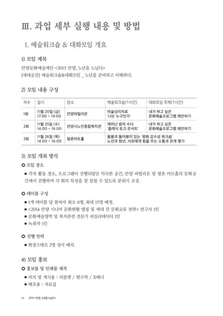 12 2015 <안양, 노년을 노닐다>
Ⅲ. 과업 세부 실행 내용 및 방법
1. 예술워크숍 & 대화모임 개요
1) 모임 제목
안양문화예술재단 <2015 안양, 노년을 노닐다>
[세대공감] 예술워크숍&대화모임 _ 노년을 준비하고 이해하다.
2) 모임 내용 구성
차수 일시 장소 예술워크숍(1시간) 대화모임 주제(1시간)
1회
11월 20일 (금)
17:00 ~ 19:00
안양파빌리온
미술심리치료
‘나는 누구인가’
내가 하고 싶은
문화예술프로그램 제안하기
2회
11월 25일 (수)
14:00 ~ 16:00
안양시노인종합복지관
재미난 음악 수다
‘클래식 토크 콘서트’
내가 하고 싶은
문화예술프로그램 제안하기
3회
11월 26일 (목)
14:00 ~ 16:00
평촌아트홀
돌봄과 돌아봄이 있는 ‘평화 감수성 워크숍’
노년과 청년, 서로에게 힘을 주는 소통과 관계 맺기
3) 모임 개최 방식
○ 모임 장소
■ 각자 활동 장소, 프로그램이 진행되었던 익숙한 공간, 안양 파빌리온 및 평촌 아트홀의 문화공
간에서 진행하며 각 회의 특성을 잘 살릴 수 있도록 분위기 조성.
○ 테이블 구성
■ 1개 테이블 당 참여자 최소 6명, 최대 15명 배정.
■ <2014 안양 시니어 문화현황 맵핑 및 세대 간 문화교류 전략> 연구자 1인
■ 문화예술영역 및 복지관련 전문가 퍼실리테이터 1인
■ 녹취자 1인
○ 진행 인력
■ 현장스태프 2명 상시 배치.
4) 모임 홍보
○ 홍보물 및 인쇄물 제작
■ 비치 및 게시용 : 리플렛 / 현수막 / X배너
■ 배포용 : 자료집
 