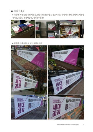 13활동노년 예술 워크숍 및 대화모임 기획・ 운영 결과보고
○ 오프라인 홍보
■ 리플렛 비치 (안양시청 민원실, 안양시청 본관 입구, 평촌아트홀, 안양아트센터, 안양시노인종합
복지관, 동안구 평생학습원, 청소년수련관)
■ 현수막 게시 (만안구 8개, 동안구 7개)
 