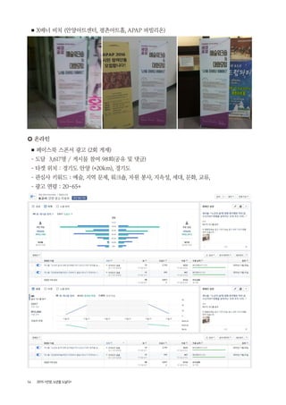 14 2015 <안양, 노년을 노닐다>
■ X배너 비치 (안양아트센터, 평촌아트홀, APAP 파빌리온)
○ 온라인
■ 페이스북 스폰서 광고 (2회 게재)
- 도달 3,617명 / 게시물 참여 98회(공유 및 댓글)
- 타겟 위치 : 경기도 안양 (+20km), 경기도
- 관심사 키워드 : 예술, 지역 문제, 워크숍, 자원 봉사, 지속성, 세대, 문화, 교류,
- 광고 연령 : 20~65+
 