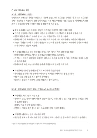 19활동노년 예술 워크숍 및 대화모임 기획・ 운영 결과보고
3 ) 안양 시니어 문화현황 맵핑 및 세대간 문화교류 전략 p105 (2014, 안양문화예술재단)
○ 대화모임 내용 요약
A그룹 : 안양APAP 프렌즈
안양APAP 프렌즈는 자원봉사모임으로 이전엔 안양APAP 도슨트를 겸하였다가 유료로 도슨트를
선발・채용하면서 채용되지 못한 인원이 있음. 이후 APAP 애정을 가진 시민들은 ‘안양APAP 프렌
즈’라는 명칭으로 함께 자원봉사 활동을 활발하게 하고 있음.
■ 활동 주체라는 높은 의식에서 발생된 자존감은 적극성을 이끌어내는 동력
■ 스스로 인정하는 기준과 사회적 기준이 상이함에서 오는 열패감이 활동에 영향을 끼침
- 역동적 활동을 하다가 누구나 할 수 있는 역할을 맡는 것도 좀 그렇다.
- 봉사를 다 같이 오래했는데 ‘돈 주는 사람으로 바뀐다, 다시 시작한다’는 이야기에 서운했다.
- 도슨트 자원봉사로서 자부심이 생겼는데 도슨트가 선발제, 유급제로 바뀌면서 관심도와 애정
도가 낮아지고 실망이 커진다.
■ 지속적인 활동으로 생긴 경험재를 가지고 지역 내에서 사회공헌 하기를 희망
- 안양에 대한 자부심도 생기고 문화예술에 대한 안목도 높아졌다.
- 큰 행사는 우리가 빠짐없이 일하지만 외부에서 우리를 표현할 수 있는 자부심과 긍지를 느낄
수 있어서 좋다.
- 동아리에서 배운 재능으로 다른 행사에 자원봉사로 참여할 의지 있다.
■ 자원봉사를 통해 ‘생산하는 삶’으로 자각하며 자존감 향상
- 자기 발전, 공부하고 남 앞에서 이야기하는 게 나를 위해서라도 좋은 것 같다.
- 여유시간을 보람 있게 쓰고 싶어서 참여했다.
- 일과에서 일부러 자원봉사 시간을 만들어서 참여 중이다.
B그룹 : 안양APAP 프렌즈 일부+안양APAP 도슨트+일반시민
■ 희망하는 프로그램의 개설 요청
- 작가와의 만남, 작가와 함께 어떻게 만들어지는지, 구경도 할 수 있고 직접 참여할 수 있는 기회
가 있으면 좋겠다.
- 클래식, 미술 특강이 있으면 좋겠다.
- 문학하는 사람도 함께 할 수 있는 프로그램이 만들어지면 좋겠다.
■ 직장인을 배려하는 강좌 개설시간 요청
- 직장인을 위해 오후 저녁시간, 주말 및 공휴일 프로그램이라면 참여하기가 좋겠다고 생각했다.
 
