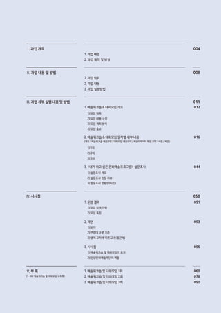 Ⅰ. 과업 개요
1. 과업 배경
2. 과업 목적 및 방향
004
Ⅱ. 과업 내용 및 방법
1. 과업 범위
2. 과업 내용
3. 과업 실행방법
008
Ⅲ. 과업 세부 실행 내용 및 방법
1. 예술워크숍 & 대화모임 개요
1) 모임 제목
2) 모임 내용 구성
3) 모임 개최 방식
4) 모임 홍보
2. 예술워크숍 & 대화모임 일자별 세부 내용
(개요 / 예술워크숍 내용요약 / 대화모임 내용요약 / 퍼실리테이터 제언 요약 / 사진 / 제언)
1) 1회
2) 2회
3) 3회
3. <내가 하고 싶은 문화예술프로그램> 설문조사
1) 설문조사 개요
2) 설문조사 현장 리뷰
3) 설문조사 현황판(사진)
011
012
016
044
Ⅳ. 시사점
1. 운영 결과
1) 모임 참여 인원
2) 모임 특징
2. 제언
1) 분야
2) 연령대 구분 기준
3) 영역 고차에 따른 교수(접근)법
3. 시사점
1) 예술워크숍 및 대화모임의 효과
2) 안양문화예술재단의 역할
050
051
053
056
Ⅴ. 부 록
(1~3회 예술워크숍 및 대화모임 녹취록)
1. 예술워크숍 및 대화모임 1회
2. 예술워크숍 및 대화모임 2회
3. 예술워크숍 및 대화모임 3회
060
078
090
 
