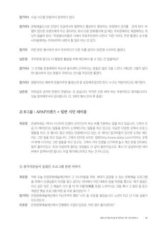 67활동노년 예술 워크숍 및 대화모임 기획・ 운영 결과보고
참가자3 사실 시간을 만들어서 참여하고 있다.
참가자4 문화예술도시로 안양이 조금이나마 협력하고 홍보하고 향유하는 과정에서 긍지를 갖게 된다. 바
램이 있다면 프렌즈에게 무슨 증이라도 줘서 다른 문화행사에 갈 때는 주차문제라도 해결해주는 게
낫지 않을까 한다. "자원봉사자들은 시에서 무료주차권이 나온다." 이런 거라도 주면 좋겠다. 순수봉
사자들에게는 주차비까지 내면서 할 일은 아닌 것 같다.
참가자 어떤 분은 봉사하러 와서 주차하다가 다른 차를 긁어서 30만원 수리비도 물었다.
남은정 주차문제 말고도 더 활발한 활동을 위해 재단에서 할 수 있는 건 없을까요?
참가자4 그 인격을 존중해줘야 하는데 봉사센터 근무하시는 분들은 많은 것을 느낀다. (재단은 그렇지 않지
만) 봉사하러 오신 분들이 귀하다는 인식을 주었으면 좋겠다.
참가자3 명찰이라도 예쁘게 만들어주면 좋겠는데 잘 포장해주었으면 한다. 누구는 턱받이라고도 얘기한다.
남은정 자부심과 긍지와 존중이 연결되는 것 같습니다. 작지만 신경 써야 하는 부분이라고 생각됩니다다.
오늘 참여해주셔서 감사합니다. (2, 3회차 행사 안내 후 종료)
2) B그룹 : APAP프렌즈 + 일반 시민 테이블
옥유정 안녕하세요. (박수) 시니어의 인생이 나아가고자 하는 바를 지원하는 일을 하고 있습니다. 그래서 조
금 더 재미있다는 일들을 찾아서 소개해드리는 일들을 하고 있고요. 지금은 다양한 곳에서 프로그
램들을 하고, 또 행사도 열고 모임도 연결해드리고 있는. 또 재미난 일거리들이 있으면 소개도 해드
리는 그런 일을 하고 있습니다. 그래서 인터넷 사이트 ‘집밖(http://www.zipbac.com/)’이라는 곳에
서 밖에 나가라는 그런 일들을 하고 있고요. 그래서 거의 인생을 신기하게 놀고 계신 분들 인터뷰도
많이 올라가있고, 국내 다양하게 열리는 모임들도 다 같이 올라가있고요. 혹시 더 궁금하시면 네이
버에서 검색하시면 됩니다. 이걸 얘기해드리려고 하는 건 아니고요.
① 참가자분들이 들었던 프로그램 관련 이야기
옥유정 저희 오늘 안양문화예술재단에서 그 ‘시니어들을 위한, 세대가 공감할 수 있는 문화예술 프로그램
을 위해서 선생님들의 의견을 알고 싶다’는 의미에서 이런 대화의 장을 마련을 했고요. 제가 말씀드
리고 싶은 것은 그 예술의 기가 좀 더 막 이렇게(좌중 웃음) 느껴지시는 것들 혹시 그 동안 좀 듣고
계셨던 옛날 프로그램 어떤 걸 주로 들으셨는지…?
참가자2 안양문화예술재단에서 지난주까지 했던 ‘나이 듦 수업’을 들었습니다. 노년이 되고 난 다음 실용가
이드라든지….
이초영 안양문화예술재단에서 진행했던 수업이 있었죠. 어떤 점이 좋으셨어요?
 