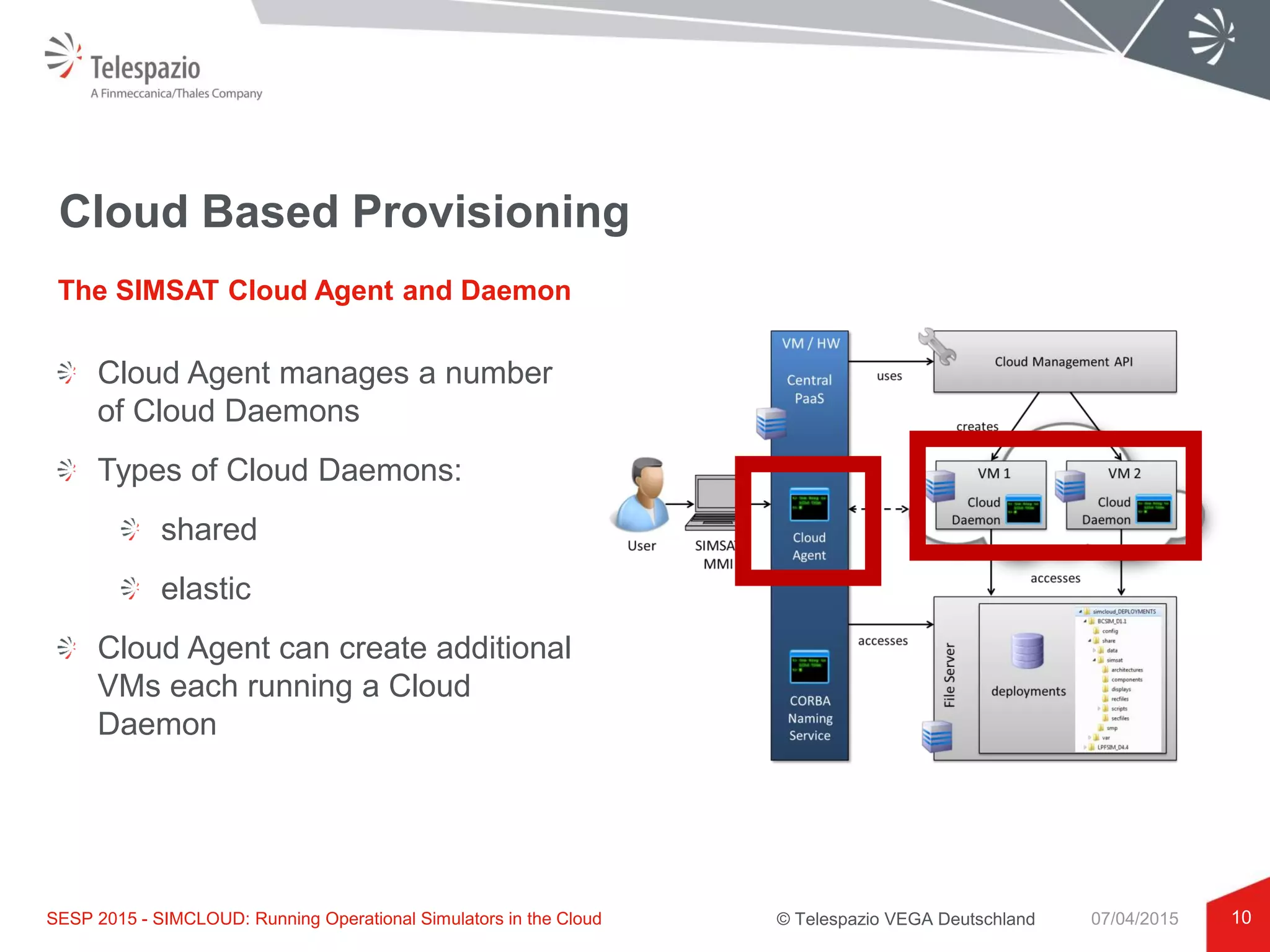 © Telespazio VEGA Deutschland
Cloud Based Provisioning
10
The SIMSAT Cloud Agent and Daemon
SESP 2015 - SIMCLOUD: Running Operational Simulators in the Cloud 07/04/2015
Cloud Agent manages a number
of Cloud Daemons
Types of Cloud Daemons:
shared
elastic
Cloud Agent can create additional
VMs each running a Cloud
Daemon
 