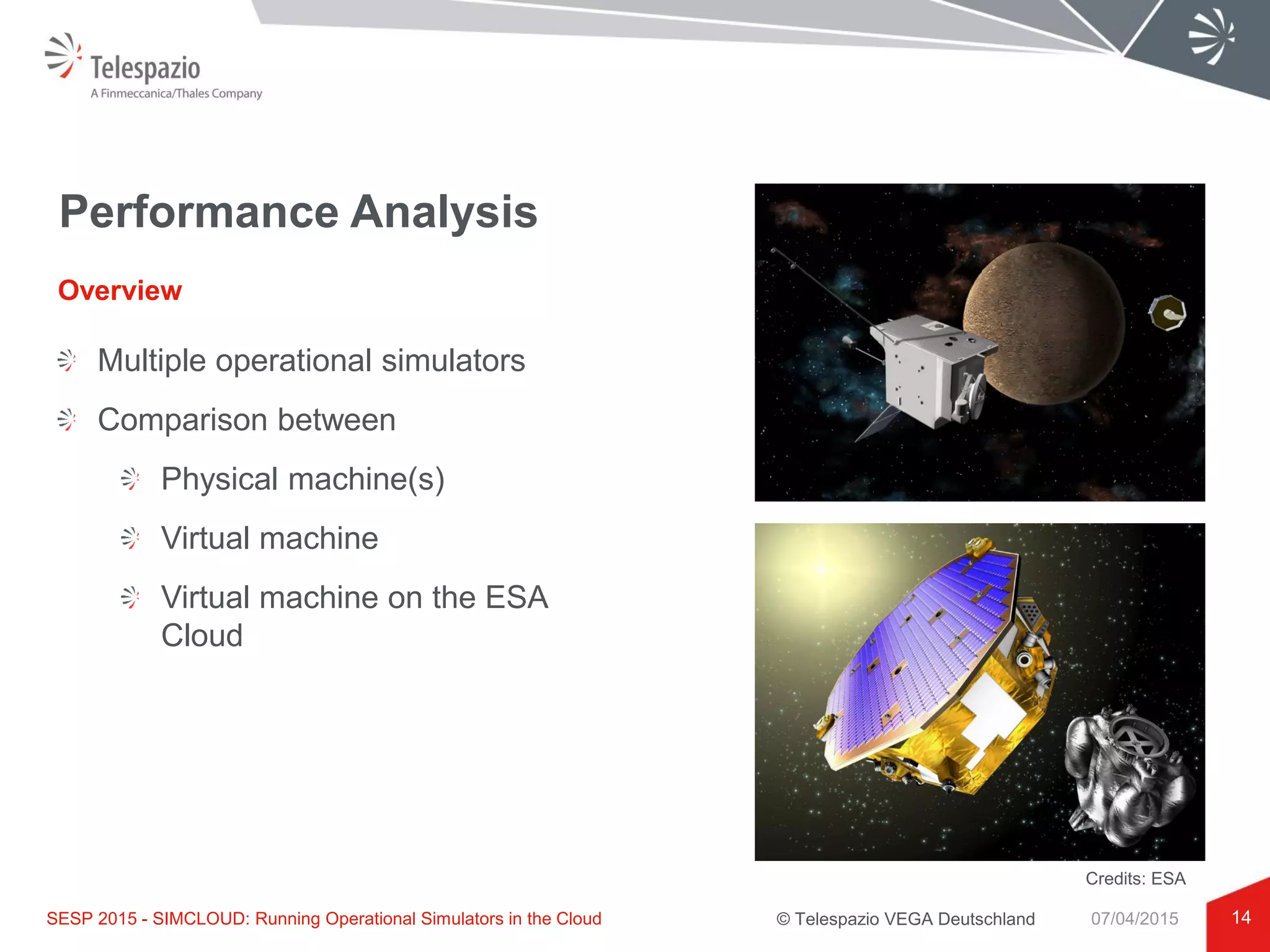 © Telespazio VEGA Deutschland
Performance Analysis
Multiple operational simulators
Comparison between
Physical machine(s)
Virtual machine
Virtual machine on the ESA
Cloud
14
Overview
SESP 2015 - SIMCLOUD: Running Operational Simulators in the Cloud 07/04/2015
Credits: ESA
 