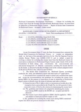 G.o(p)no.1/2015/BCDD dated1.1.2015 creamylayer from the socially and educationally backward classes for reservation in admission to professional degree courses non creamy layer order 2015