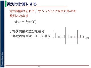 2015
A.Asano,KansaiUniv.
数列の計算にする
元の関数は忘れて，サンプリングされたものを
数列とみなす
u(n) = fT (nT)
ように，f(x) は，間隔 T でサンプリングされ，周期 NT の周期関
，(2) 式のフーリエ変換の実数全体での積分のかわりに，u(n) の
にします。また，(2) 式は，デルタ関数の並びとある関数との積
す。一方，デルタ関数は「インパルスのある場所以外では 0，積
ルタ関数との積を実数全体で積分すると，その関数からインパル
ものになります。
デルタ関数の並びを積分
→離散の場合は，そこの値を x[s]
 