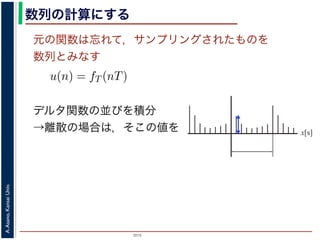 2015
A.Asano,KansaiUniv.
数列の計算にする
元の関数は忘れて，サンプリングされたものを
数列とみなす
u(n) = fT (nT)
ように，f(x) は，間隔 T でサンプリングされ，周期 NT の周期関
，(2) 式のフーリエ変換の実数全体での積分のかわりに，u(n) の
にします。また，(2) 式は，デルタ関数の並びとある関数との積
す。一方，デルタ関数は「インパルスのある場所以外では 0，積
ルタ関数との積を実数全体で積分すると，その関数からインパル
ものになります。
デルタ関数の並びを積分
→離散の場合は，そこの値を x[s]
 