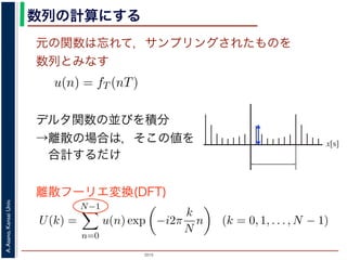 2015
A.Asano,KansaiUniv.
数列の計算にする
元の関数は忘れて，サンプリングされたものを
数列とみなす
u(n) = fT (nT)
ように，f(x) は，間隔 T でサンプリングされ，周期 NT の周期関
，(2) 式のフーリエ変換の実数全体での積分のかわりに，u(n) の
にします。また，(2) 式は，デルタ関数の並びとある関数との積
す。一方，デルタ関数は「インパルスのある場所以外では 0，積
ルタ関数との積を実数全体で積分すると，その関数からインパル
ものになります。
デルタ関数の並びを積分
→離散の場合は，そこの値を
合計するだけ
u(n) = fT (nT)
までの説明で述べたように，f(x) は，間隔 T でサンプリングされ，周期
みなしていますから，(2) 式のフーリエ変換の実数全体での積分のかわ
だけを計算することにします。また，(2) 式は，デルタ関数の並びとあ
する形になっています。一方，デルタ関数は「インパルスのある場所以
ら，ある関数とデルタ関数との積を実数全体で積分すると，その関数
値だけを切り出したものになります。
，離散的に計算する場合は，積分の代わりに，インパルスの位置でのそ
ります。したがって，(2) 式のフーリエ変換のかわりに
U(k) =
N−1
n=0
u(n) exp −i2π
k
N
n (k = 0, 1, . . . , N − 1)
離散フーリエ変換(DFT)
x[s]
 
