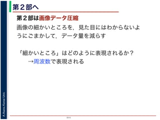 2015
A.Asano,KansaiUniv.
第２部へ
第２部は画像データ圧縮
画像の細かいところを，見た目にはわからないよ
うにごまかして，データ量を減らす
「細かいところ」はどのように表現されるか？
→周波数で表現される
 