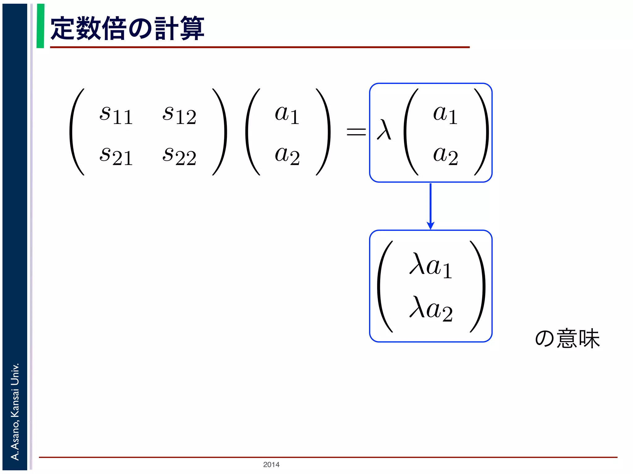 2014
A.Asano,KansaiUniv.
定数倍の計算
の意味
トには，
s11 s12
s21 s22
a1
a2
= λ
a1
a2
春学期） 第６回 (2013. 5. 15) http://racco
け算．
カラー）で，このとき右辺は
λa1
λa2
を
で，λ もそれぞれに対応して２つある，と
れに対応する式は
 