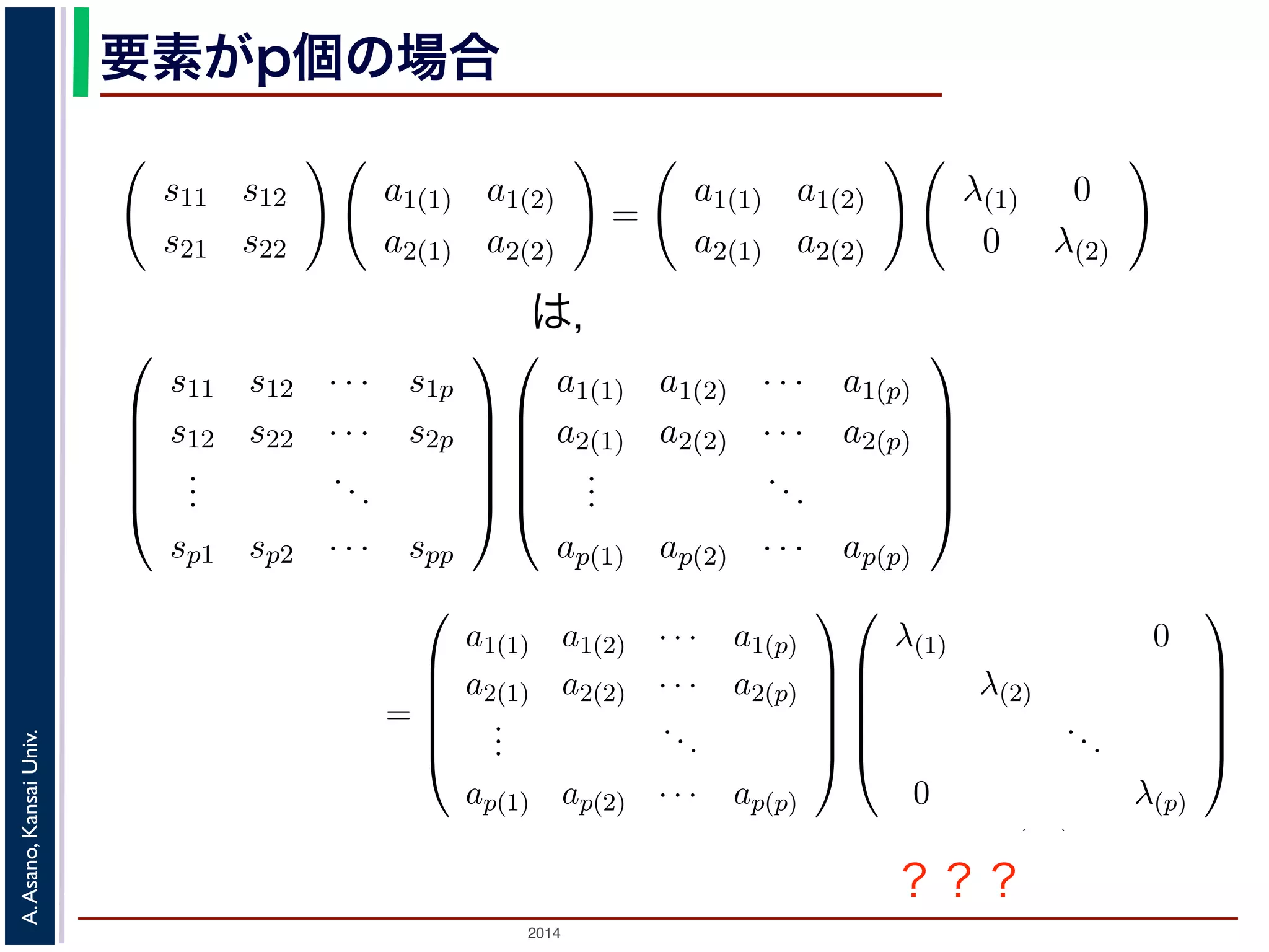 2014
A.Asano,KansaiUniv.
要素がp個の場合
を左右にくっつけて，
a1(1) a1(2)
a2(1) a2(2)
と，ひとつの行列で表します。すると，(
の式は，まとめて
s11 s12
s21 s22
a1(1) a1(2)
a2(1) a2(2)
=
a1(1) a1(2)
a2(1) a2(2)
λ(1) 0
0 λ(2)
とができます。この式の両辺は，「行列と行列のかけ算」になっています。
の左辺は，上で述べたとおり，
s11 s12
s21 s22
a1(1)
a2(1)
a1(2)
a2(2)
のように列
くっつけたものです。
式の右辺は，右側の行列を列ベクトルに分けて
a1(1) a1(2)
a2(1) a2(2)
λ(1)
0
0
λ(
側の行列
a1(1) a1(2)
a2(1) a2(2)
と右側の行列の左側の列ベクトル
λ(1)
0
の積は
λ(1)a
λ(1)a
像情報処理（2013 年度春学期） 第６回 (2013. 5. 15) http://racco.mikeneko.jp/ 
(6) 式，(7) 式の形の式を，要素が p 個の場合に表すと，
⎛
⎜
⎜
⎜
⎜
⎝
s11 s12 · · · s1p
s12 s22 · · · s2p
...
...
sp1 sp2 · · · spp
⎞
⎟
⎟
⎟
⎟
⎠
⎛
⎜
⎜
⎜
⎜
⎝
a1
a2
...
ap
⎞
⎟
⎟
⎟
⎟
⎠
= λ
⎛
⎜
⎜
⎜
⎜
⎝
a1
a2
...
ap
⎞
⎟
⎟
⎟
⎟
⎠
となります。また，(8) 式を，要素が p 個のベクトルの場合に表すと，
⎛
⎜
⎜
⎜
⎜
⎝
s11 s12 · · · s1p
s12 s22 · · · s2p
...
...
sp1 sp2 · · · spp
⎞
⎟
⎟
⎟
⎟
⎠
⎛
⎜
⎜
⎜
⎜
⎝
a1(1) a1(2) · · · a1(p)
a2(1) a2(2) · · · a2(p)
...
...
ap(1) ap(2) · · · ap(p)
⎞
⎟
⎟
⎟
⎟
⎠
=
⎛
⎜
⎜
⎜
⎜
⎝
a1(1) a1(2) ·
a2(1) a2(2) ·
...
.
ap(1) ap(2) ·
となります。
こんな式は，大変複雑でとても扱いきれません。また，要素が p 個ある場
間での「矢印」になり，２次元の場合のように図形的に考えることもできま
そこで，(10) 式の各行列をそれぞれひとつの文字で表して，
を２つ同時に行うのが，行列のかけ算です。
場合
しかない画像」を考えたところから出発して，２つの要素からなるベクトル
ました。では，「要素が p 個あるベクトル」の場合を考えてみましょう。
，要素が p 個の場合に表すと，
⎛
⎜
⎜
⎜
⎜
⎝
s11 s12 · · · s1p
s12 s22 · · · s2p
...
...
sp1 sp2 · · · spp
⎞
⎟
⎟
⎟
⎟
⎠
⎛
⎜
⎜
⎜
⎜
⎝
a1
a2
...
ap
⎞
⎟
⎟
⎟
⎟
⎠
= λ
⎛
⎜
⎜
⎜
⎜
⎝
a1
a2
...
ap
⎞
⎟
⎟
⎟
⎟
⎠
(9)
，要素が p 個のベクトルの場合に表すと，
a1(1) a1(2) · · · a1(p)
a2(1) a2(2) · · · a2(p)
...
...
ap(1) ap(2) · · · ap(p)
⎞
⎟
⎟
⎟
⎟
⎠
=
⎛
⎜
⎜
⎜
⎜
⎝
a1(1) a1(2) · · · a1(p)
a2(1) a2(2) · · · a2(p)
...
...
ap(1) ap(2) · · · ap(p)
⎞
⎟
⎟
⎟
⎟
⎠
⎛
⎜
⎜
⎜
⎜
⎝
λ(1) 0
λ(2)
...
0 λ(p)
⎞
⎟
⎟
⎟
⎟
⎠
(10)
は，
？？？
 