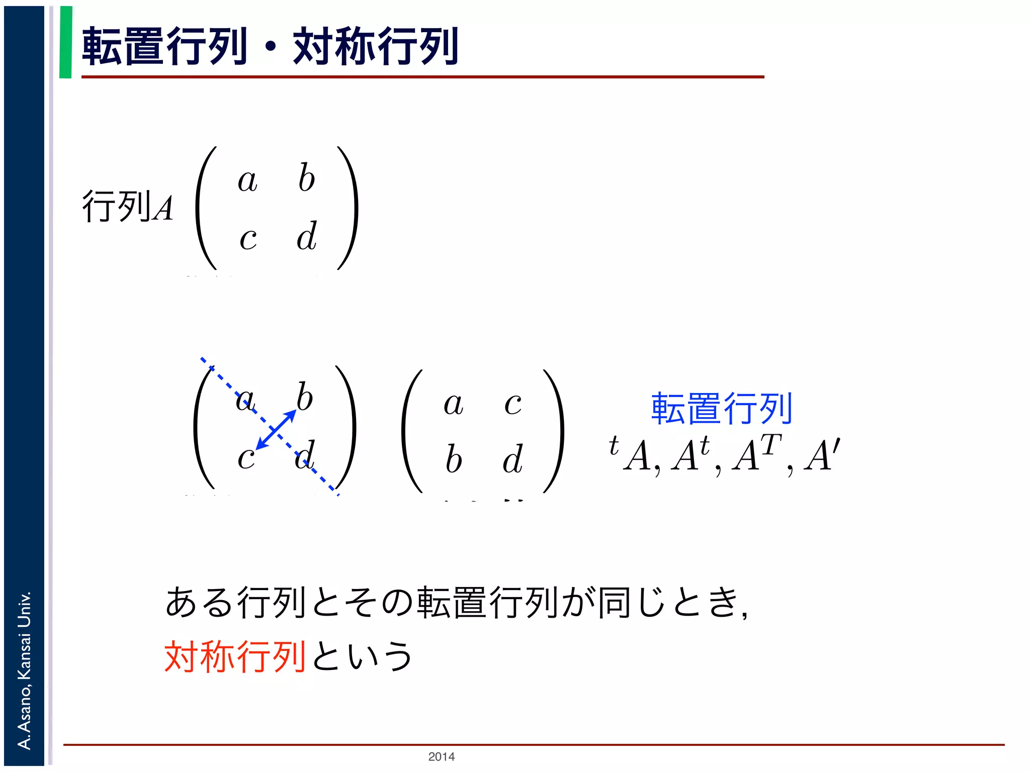 2014
A.Asano,KansaiUniv.
転置行列・対称行列
ある行列とその転置行列が同じとき，
対称行列という
例えば行列
a b
c d
の転置行列は
a c
b d
す。今回の講義のプリントでは最後の A′ を使っ
らに，ある行列とその転置行列が同じとき，そ
しているとき，この行列を直交行列といいます。
すると，それぞれを変換したベクトルもやはり
行列で変換する計算は，座標軸を直交したまま
行列A
転置行列
も数の計算のように表して，単純な形で理解し
。
は限りません。すなわち，数のかけ算とは違っ
例えば行列
a b
c d
の転置行列は
a c
b d
す。今回の講義のプリントでは最後の A′ を使っ
らに，ある行列とその転置行列が同じとき，そ
しているとき，この行列を直交行列といいます。
ように表して，単純な形で理解し
。すなわち，数のかけ算とは違っ
a b
c d
の転置行列は
a c
b d
義のプリントでは最後の A′ を使っ
列とその転置行列が同じとき，そ
，この行列を直交行列といいます。
ようというのが，行列というものが考えられた理由で
ただし，行列のかけ算では，積 AB と積 BA は同じ
て，かける順番が問題になります。
転置行列，対称行列，直交行列
転置行列とは，ある行列の行と列を入れ替えたもので
です。行列 A の転置行列を，tA, At, AT , A′ などと表し
ていますが，これは統計学の教科書に多い方式です。
の行列を対称行列といいます。
一方，ある行列に含まれる各列ベクトルが互いに直
もともと直交している２つのベクトルを直交行列で変
 