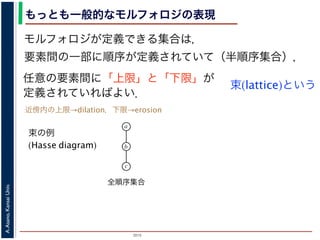 2015
A.Asano,KansaiUniv.
もっとも一般的なモルフォロジの表現
モルフォロジが定義できる集合は，
要素間の一部に順序が定義されていて（半順序集合），
任意の要素間に「上限」と「下限」が
定義されていればよい．
束(lattice)という
束の例
(Hasse diagram)
全順序集合
the elements of A is defined upper bound [lower bound]
of A. If the minimum [maximum] of the upper bound
[lower bound] of A exists, it is defined supremum
[infimum] of A. Note that the supremum and infimum
are not always an element of A. If the supremum
[infimum] is an element of A, it is equivalent to the
maximum [minimum] of A.
If the upper bound and lower bound are defined for all
combinations of two elements of X, and if the upper
bounds and lower bounds are always in X, the algebraic
*) Although the symbol “!” is often used to express an ordering, it is not related to the inequ
mathematical sense. The terms “upper” and “lower” only have the meaning that y is defined
this area are in progre
proposed. The lattice
ematical formulation
ogy[2].
References
[1] 小倉久和，情報の
ISBN4-7649-0276-1
[2] H. J. A. M. Heijma
tors, Academic Press
Fig. 4. Examples of lattice.
a
b
c
(a)
a
b
c
e
d
(b)
a
b
e
cd
f
h
g
(c)
近傍内の上限→dilation，下限→erosion
 