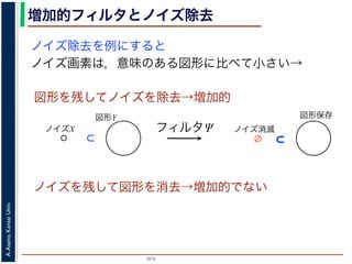 2015
A.Asano,KansaiUniv.
増加的フィルタとノイズ除去
ノイズ除去を例にすると
ノイズ画素は，意味のある図形に比べて小さい→
図形を残してノイズを除去→増加的
ノイズを残して図形を消去→増加的でない
図形Y
ノイズX フィルタΨ
図形保存
ノイズ消滅
 