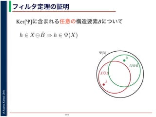 2015
A.Asano,KansaiUniv.
フィルタ定理の証明
Ker[Ψ]に含まれる任意の構造要素Bについて
ここで，フィルタ Ψ は増加的ですから，包含関係 B ⊆ X−h はフィ
わち，0 ∈ Ψ(B) ならば 0 ∈ Ψ(X−h) となります。さらに，フィルタ
ならば，この関係を全体に h だけ移動することによって h ∈ Ψ(X)
B は Ker[Ψ] の要素ですから，確かに 0 ∈ Ψ(B) です。以上から，K
について，h ∈ X ⊖ ˇB ⇒ h ∈ Ψ(X) である，つまり，Ker[Ψ] に含まれ
に含まれる画素はすべて Ψ(X) に含まれることがわかりました。し
が示されました（図 1）。
逆に，Ψ(X)に含まれる任意の画素hを考えます。Ψは移動不変です
です。したがって，X−h ∈ Ker[Ψ] です。ところで，X ⊖ ˇX−h = {h
とき {(X−h)h′ ⊆ X} は満たされるので，h ∈ X ⊖ ˇX−h です。ここ
です。
したがって，Ker[Ψ] に含まれるある構造要素 B について，h ∈
h
X⊖B̌
X⊖B̌
h
Ψ(X)
 