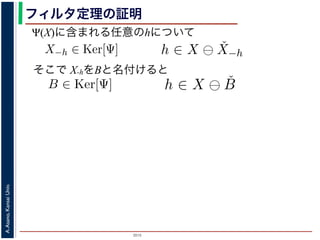2015
A.Asano,KansaiUniv.
フィルタ定理の証明
そこで X-hをBと名付けると
した（図 1）。
X)に含まれる任意の画素hを考えます。Ψは移動不変ですから，
がって，X−h ∈ Ker[Ψ] です。ところで，X ⊖ ˇX−h = {h′ | (X−
h)h′ ⊆ X} は満たされるので，h ∈ X ⊖ ˇX−h です。ここで X−
て，Ker[Ψ] に含まれるある構造要素 B について，h ∈ Ψ(X)
まれるどの画素についても，Ker[Ψ] の中のある構造要素 B を用
うにできることがわかりました。したがって，Ψ(X) ⊆
B∈Ker[
定理は，より一般的には「Math´eron の表現定理」とよばれています。より
に含まれる任意の画素hを考えます。Ψは移動不変ですか
って，X−h ∈ Ker[Ψ] です。ところで，X ⊖ ˇX−h = {h′
⊆ X} は満たされるので，h ∈ X ⊖ ˇX−h です。ここで
，Ker[Ψ] に含まれるある構造要素 B について，h ∈ Ψ
れるどの画素についても，Ker[Ψ] の中のある構造要素 B
にできることがわかりました。したがって，Ψ(X) ⊆
B∈
理は，より一般的には「Math´eron の表現定理」とよばれています。
ですから，h ∈ Ψ(X)ならば0 ∈ Ψ(X−h)
{h′ | (X−h)h′ ⊆ X} であり，h′ = h の
こで X−h を B とおくと，h ∈ X ⊖ ˇB
∈ Ψ(X) ⇒ h ∈ X ⊖ ˇB です。つまり，
素 B を用いて，その画素が X ⊖ ˇB にも
⊆
B∈Ker[Ψ]
X ⊖ ˇB が示されました（図
Ψ(X)に含まれる任意のhについて
Ker[Ψ] の要素ですから，確かに 0 ∈ Ψ(B) です。以上から，K
て，h ∈ X ⊖ ˇB ⇒ h ∈ Ψ(X) である，つまり，Ker[Ψ] に含まれ
れる画素はすべて Ψ(X) に含まれることがわかりました。し
れました B ∈ Ker[Ψ]（図??）。
，Ψ(X)に含まれる任意の画素 hを考えます。Ψは移動不変で
したがって，X−h ∈ Ker[Ψ] です。ところで，X ⊖ ˇX−h = {
X−h)h′ ⊆ X} は満たされるので，h ∈ X ⊖ ˇX−h です。ここ
がって，Ker[Ψ] に含まれるある構造要素 B について，h ∈
に含まれるどの画素についても，Ker[Ψ] の中のある構造要素
るようにできることがわかりました。したがって，Ψ(X) ⊆
 