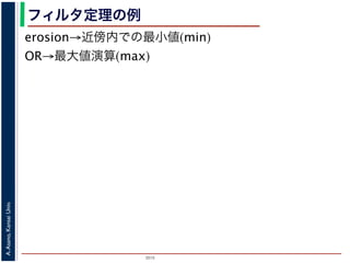 2015
A.Asano,KansaiUniv.
フィルタ定理の例
erosion→近傍内での最小値(min)
OR→最大値演算(max)
 