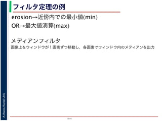 2015
A.Asano,KansaiUniv.
フィルタ定理の例
erosion→近傍内での最小値(min)
OR→最大値演算(max)
メディアンフィルタ
画像上をウィンドウが１画素ずつ移動し，各画素でウィンドウ内のメディアンを出力
 