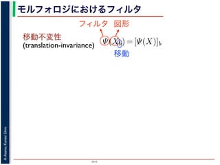 2015
A.Asano,KansaiUniv.
モルフォロジにおけるフィルタ
移動不変性
(translation-invariance)
浅野：モルフォロジと形状記述
opening
closing
ng, closing の効果
高さとする柱で表す
内の立体となる．こ
に対して上記の集合
とは，
Ψ(Xb) = [Ψ(X)]b
であることをいう．簡単にいえば，「画像
をおよぼしても，その作用の効果は変わ
意味である．また「作用 Ψ が増加的で
X ⊂ Y ⇒ Ψ(X) ⊂ Ψ(Y )
であることをいう．すなわち，物体の包
前後で保たれることを意味している．
例えば，ノイズ除去を行う画像フィル
う．画像中のある場所でノイズとみなさ
フィルタ 図形
移動
 