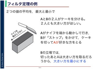 2015
A.Asano,KansaiUniv.
フィルタ定理の例
２つの値の平均を，最大と最小で
ナ
イ
フ
を
動
か
して
ゆ
く
図 6: ケーキを平等に分けるには
AとBの２人がケーキを分ける。
２人とも大きい方がほしい。
Aがナイフを端から動かして行き，
Bが「ストップ」をかけて，ケーキ
を切ってAが好きな方をとる
Bの立場では，
切ったあとAは大きい方を取るだろ
うから，大きい方を最小にする
 
