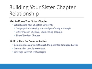 Building Your Sister Chapter
Relationship
Get to Know Your Sister Chapter:
◦ What Makes Your Chapters Different?
◦ Geographical diversity, the catalyst of unique thought
◦ Differences in Chemical Engineering program
◦ Size of Student Chapter
Build a Plan for Communication
◦ Be patient as you work through the potential language barrier
◦ Create a list people to contact
◦ Leverage internet technologies
 