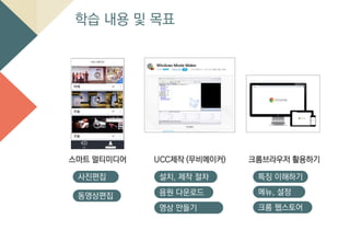 학습 내용 및 목표
사진편집
동영상편집
스마트 멀티미디어 UCC제작 (무비메이커) 크롬브라우저 활용하기
설치, 제작 절차
영상 만들기
음원 다운로드
특징 이해하기
크롬 웹스토어
메뉴, 설정
 