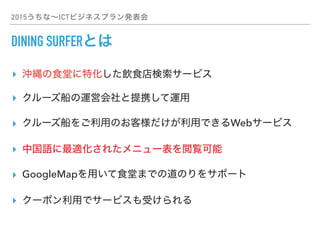 2015ʡICTӥͥץk
DINING SURFERȤ
? _Iʳäػʳ`ӥ
? `\ӻЯ\
? `äΤ͘äǤWeb`ӥ
? йZm줿˥`E
? GoogleMapäʳäޤǤεΤ򥵥ݩ`
? `ݥäǥ`ӥܤ
 