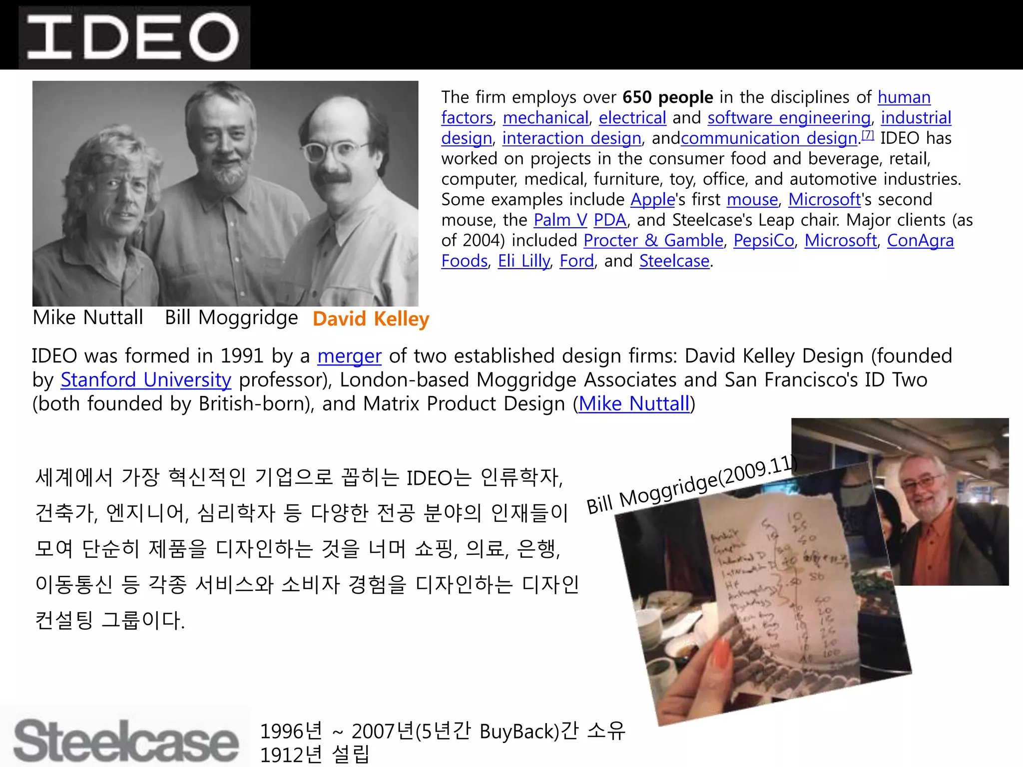 Mike Nuttall Bill Moggridge David Kelley
The firm employs over 650 people in the disciplines of human
factors, mechanical, electrical and software engineering, industrial
design, interaction design, andcommunication design.[7] IDEO has
worked on projects in the consumer food and beverage, retail,
computer, medical, furniture, toy, office, and automotive industries.
Some examples include Apple's first mouse, Microsoft's second
mouse, the Palm V PDA, and Steelcase's Leap chair. Major clients (as
of 2004) included Procter & Gamble, PepsiCo, Microsoft, ConAgra
Foods, Eli Lilly, Ford, and Steelcase.
IDEO was formed in 1991 by a merger of two established design firms: David Kelley Design (founded
by Stanford University professor), London-based Moggridge Associates and San Francisco's ID Two
(both founded by British-born), and Matrix Product Design (Mike Nuttall)
세계에서 가장 혁신적인 기업으로 꼽히는 IDEO는 인류학자,
건축가, 엔지니어, 심리학자 등 다양한 전공 분야의 인재들이
모여 단순히 제품을 디자인하는 것을 너머 쇼핑, 의료, 은행,
이동통신 등 각종 서비스와 소비자 경험을 디자인하는 디자인
컨설팅 그룹이다.
1996년 ~ 2007년(5년간 BuyBack)간 소유
1912년 설립
 
