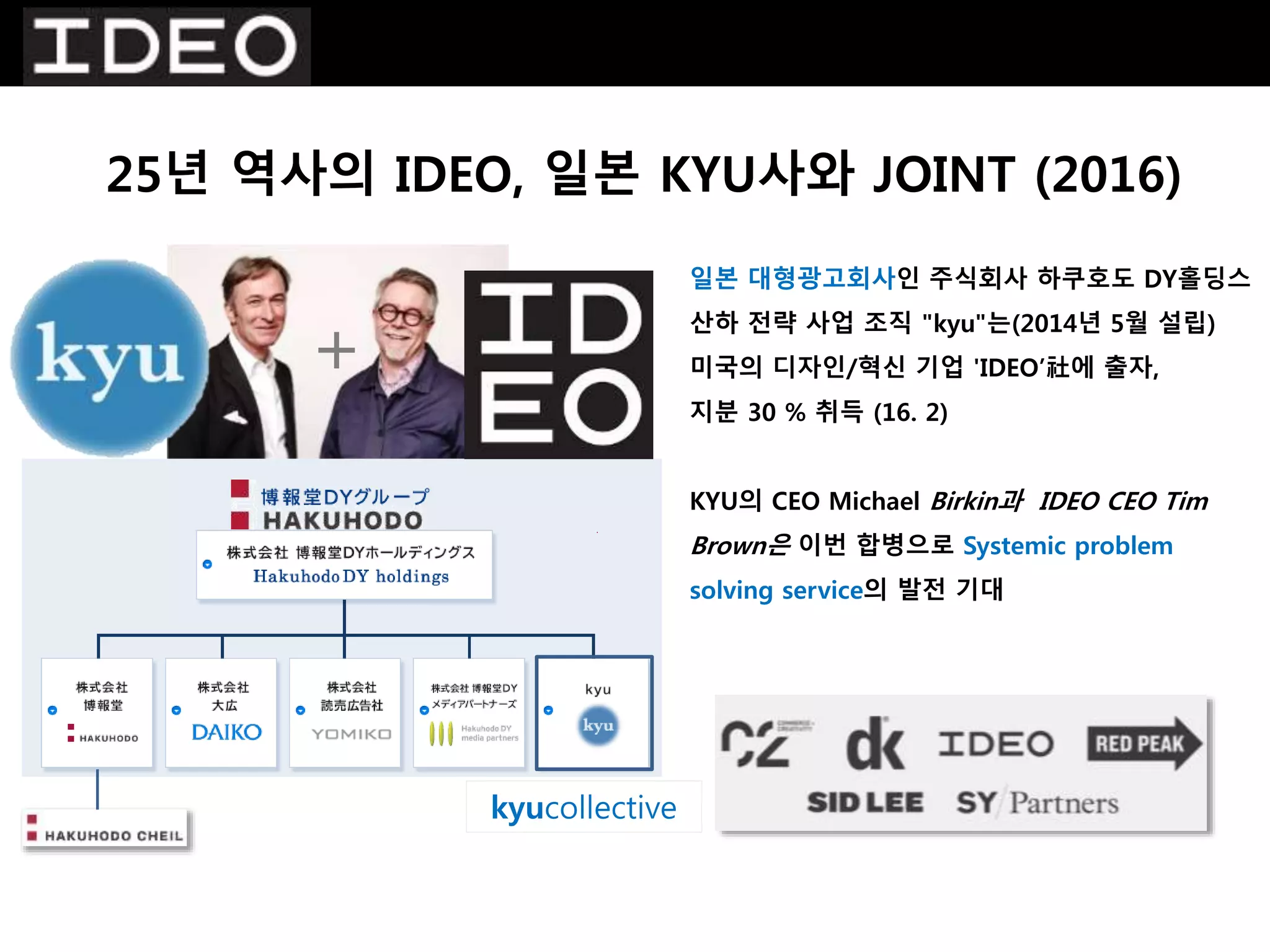 일본 대형광고회사인 주식회사 하쿠호도 DY홀딩스
산하 전략 사업 조직 "kyu"는(2014년 5월 설립)
미국의 디자인/혁신 기업 'IDEO’社에 출자,
지분 30 % 취득 (16. 2)
KYU의 CEO Michael Birkin과 IDEO CEO Tim
Brown은 이번 합병으로 Systemic problem
solving service의 발전 기대
kyucollective
+
25년 역사의 IDEO, 일본 KYU사와 JOINT (2016)
 