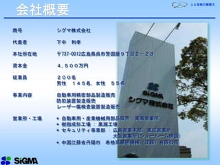 人と技術の無限大
商号 シグマ株式会社
代表者 下中 利孝
本社所在地 〒737-0012広島県呉市警固屋９丁目２－２８
資本金 ４,５００万円
従業員 ２００名
男性 １４５名，女性 ５５名
事業内容 自動車用精密部品製造販売
防犯装置製造販売
レーザー傷検査装置製造販売
営業所・工場 * 自動車用・産業機械用部品販売：東海営業所
* 樹脂成形工場 : 黒瀬工場
* セキュリティ事業部 : 広島営業本部，東京営業所
大阪営業所(ショールーム併設)
* 中国江蘇省丹陽市 希格瑪精密機械（江蘇）有限公司
会社概要
 