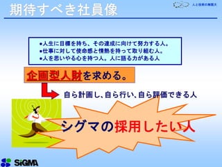人と技術の無限大
●人生に目標を持ち、その達成に向けて努力する人。
●仕事に対して使命感と情熱を持って取り組む人。
●人を思いやる心を持つ人。人に語る力がある人
企画型人財を求める。
自ら計画し､自ら行い､自ら評価できる人
シグマの採用したい人
期待すべき社員像
 