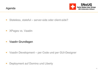 14
Agenda
§  Stateless, stateful – server-side oder client-side?
§  XPages vs. Vaadin
§  Vaadin Grundlagen
§  Vaadin Development – per Code und per GUI-Designer
§  Deployment auf Domino und Liberty
 