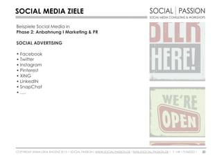 COPYRIGHT ANNA-LENA RADÜNZ 2015 I SOCIAL PASSION I WWW.SOCIAL-PASSION.DE I MAIL@SOCIAL-PASSION.DE I T: +49 173 8422211 20
Beispiele Social Media in
Phase 2: Anbahnung I Marketing & PR
SOCIAL ADVERTISING
• Facebook
• Twitter
• Instagram
• Pinterest
• XING
• LinkedIN
• SnapChat
• ….
SOCIAL MEDIA ZIELE
 