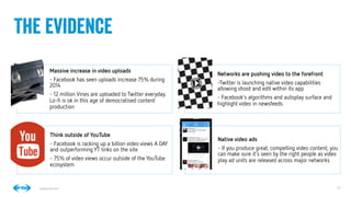 27
27
Conﬁdential © 2014
The evidence
Massive increase in video uploads 
- Facebook has seen uploads increase 75% during
2014
- 12 million Vines are uploaded to Twitter everyday.
Lo-ﬁ is ok in this age of democratised content
production
Networks are pushing video to the forefront
-Twitter is launching native video capabilities
allowing shoot and edit within its app
- Facebook’s algorithms and autoplay surface and
highlight video in newsfeeds
Think outside of YouTube
- Facebook is racking up a billion video views A DAY
and outperforming YT links on the site
- 75% of video views occur outside of the YouTube
ecosystem 
Native video ads
- If you produce great, compelling video content, you
can make sure it’s seen by the right people as video
play ad units are released across major networks
 