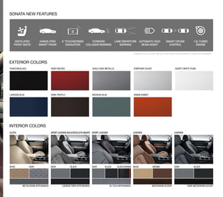 EXTERIOR COLORS 
PHANTOM BLACK 
LAKESIDE BLUE 
CLOTH 
SPORT LEATHER BOLSTER/CLOTH INSERT SPORT LEATHER LEATHER LEATHER 
BEIGE GRAY BLACK 
BROWN 
METALGRAIN APPEARANCE 
GRAY 
CARBON FIBER APPEARANCE 
GRAY BLACK BLACK/ORANGE BEIGE GRAY BLACK 
INTERIOR COLORS 
VENETIAN RED 
DARK TRUFFLE 
SHALE GRAY METALLIC 
NOUVEAU BLUE 
SYMPHONY SILVER 
URBAN SUNSET 
QUARTZ WHITE PEARL 
SONATA NEW FEATURES 
Features vary by model. Ask your authorized Hyundai dealer for details and availability. 
VENTILATED 
FRONT SEATS 
HANDS-FREE 
SMART TRUNK 
8˝ TOUCHSCREEN 
NAVIGATION 
FORWARD 
COLLISION WARNING 
LANE DEPARTURE 
WARNING 
AUTOMATIC HIGH 
BEAM ASSIST 
SMART CRUISE 
CONTROL 
1.6L TURBO 
ENGINE 
3D TECH APPEARANCE WOODGRAIN ACCENT DARK WOODGRAIN ACCENT 
 